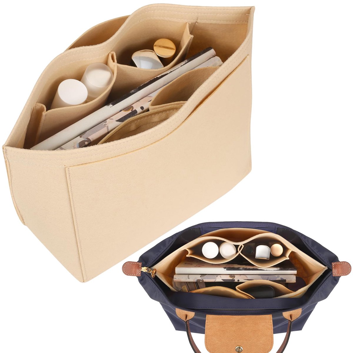 IMPERATORIS® Tas in Tas Organizer - Binnentas voor Handtas - Vilt - Met Veel Vakken - Houdt Tas Georganiseerd en in Vorm - Maat L - Beige