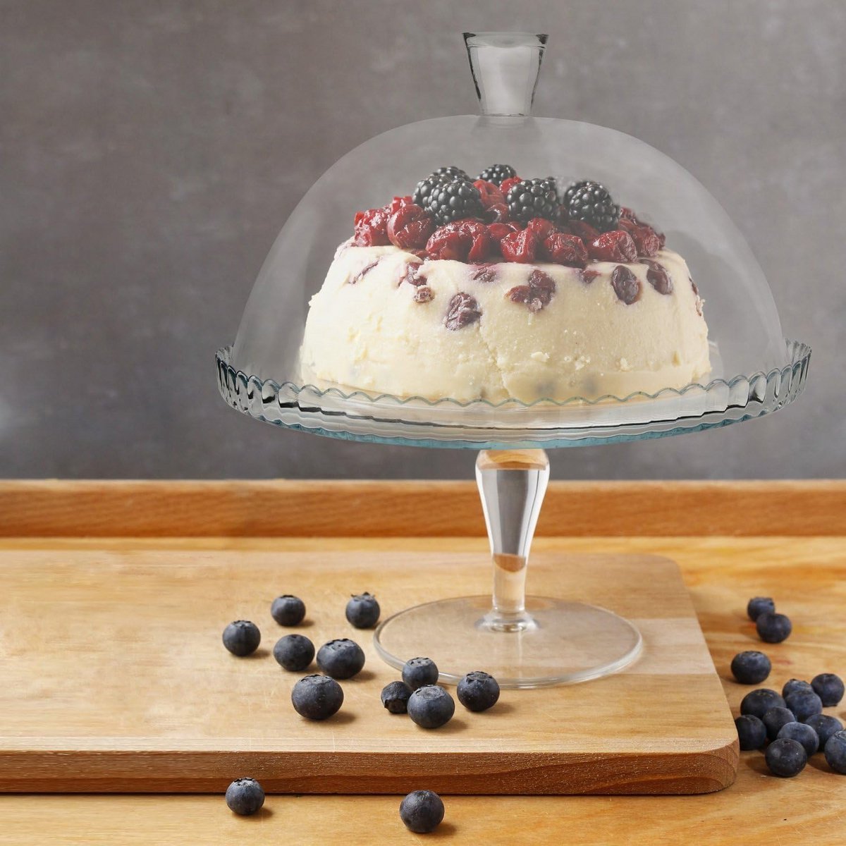Ronde glazen taartstandaard met klok – 32 cm diameter, 28 cm hoog