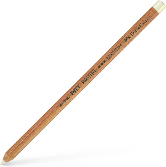 Wit pastelkleurig PITT potlood, "GERMANY PITT PASTEL MEDIUM FABER-CASTELL" is erop gedrukt.