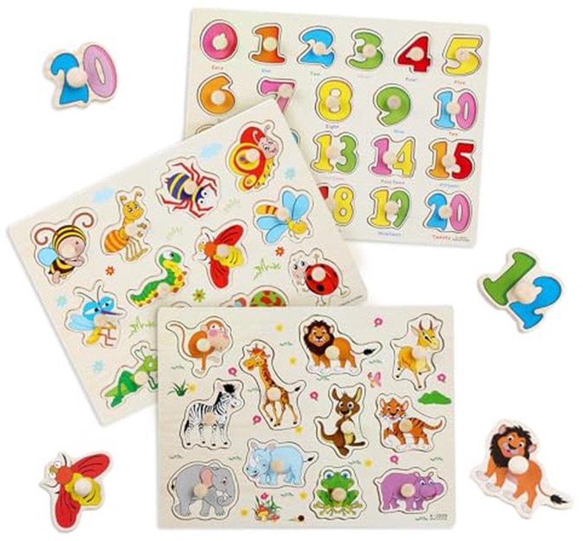 Houten puzzel voor kinderen - 3-delig educatief speelgoed met dieren, insecten en cijfers