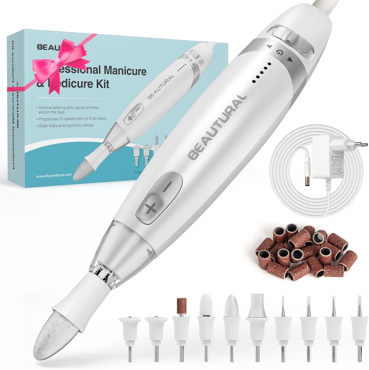 Elektrische Manicure en Pedicureset met 10 Opzetstukken en LED-Licht voor Handen en Voeten