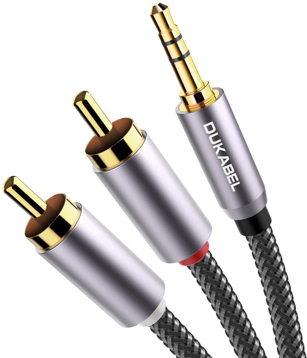 RCA naar 3.5mm Kabel - 5m, Nylon Gevlochten, 24K Goud Geplateerd, Hoogwaardige OFC Geleider
