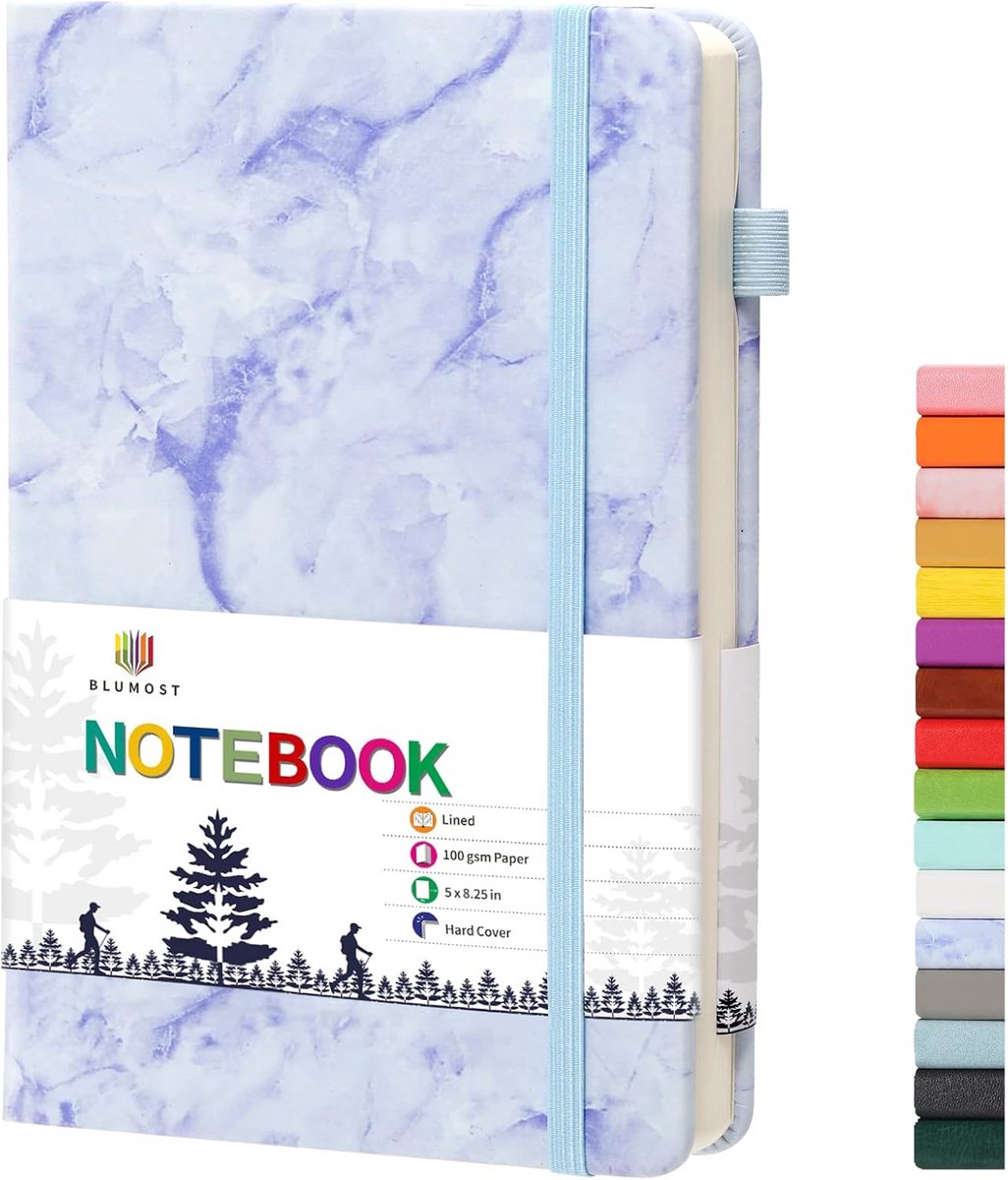 Notitieboek met harde kaft en penlus - Gelinieerd dagboek 5 x 8,25 inch - Premium 100 g/m2 papier en binnenzak - Marmerblauw
