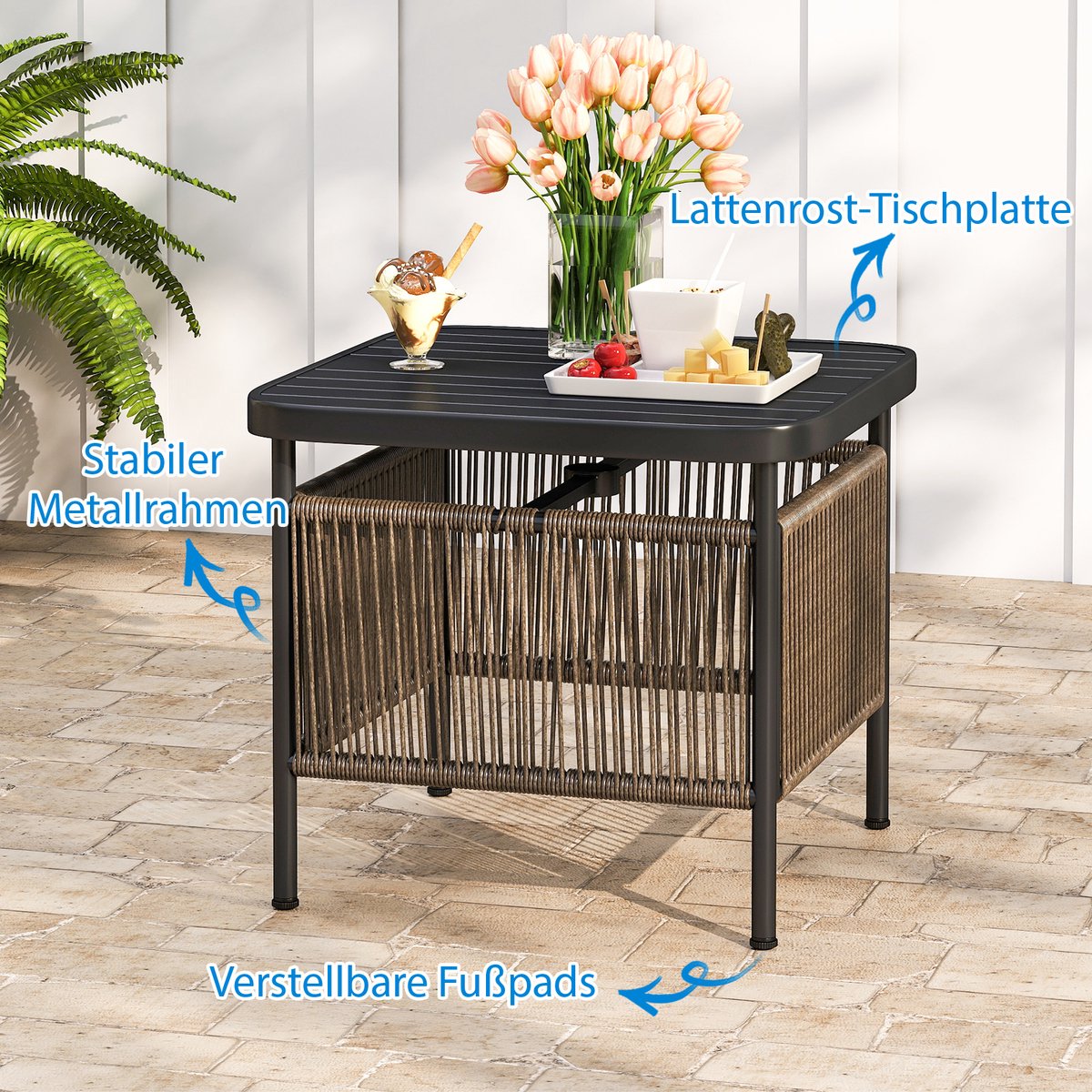COSTWAY Bijzettafel voor buiten, weerbestendig, rotan tuintafel met paraplugat, kleine balkontafel, koffietafel voor tuin, balkon, terras, 56 x 56 x 49 cm thumbnail 4