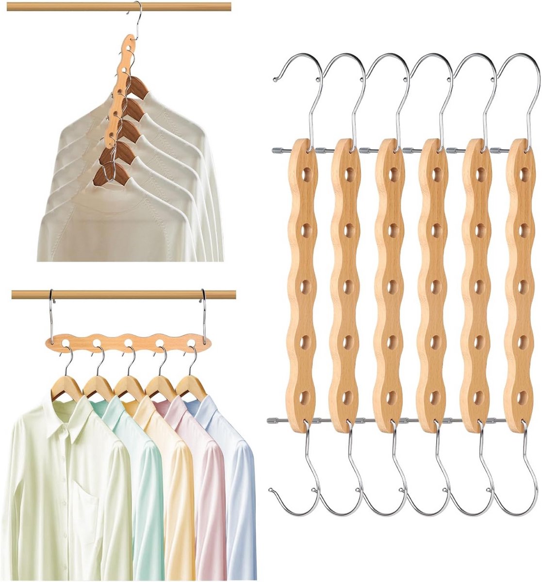 Set van 6 Ruimtebesparende Kleerhangers Houten Magische Kast Organizer Antislip