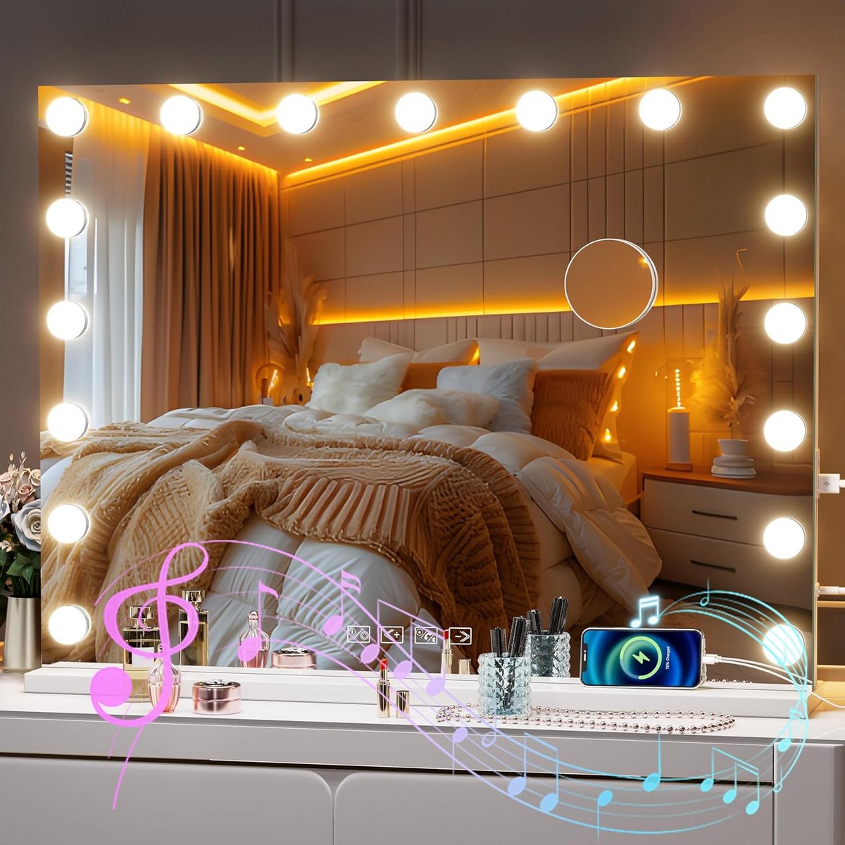Grote Hollywood Make-up Spiegel met 17 LED Verlichting, Bluetooth Speaker en 10x Vergroting