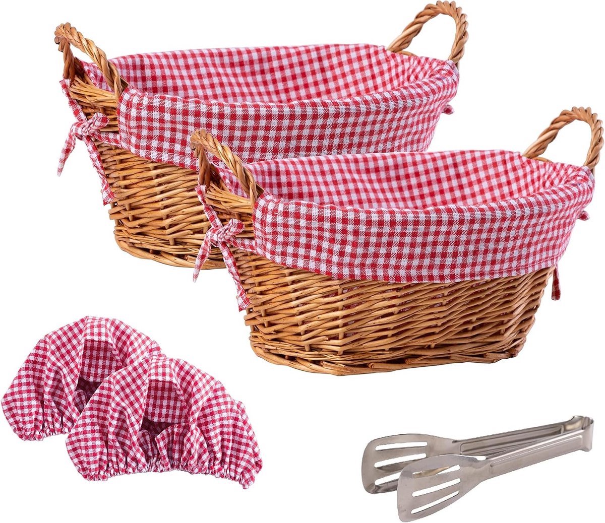 Stunq® Set van 2 Handgeweven Rieten Broodmanden met Katoenen Hoezen en Roestvrijstalen Broodtang