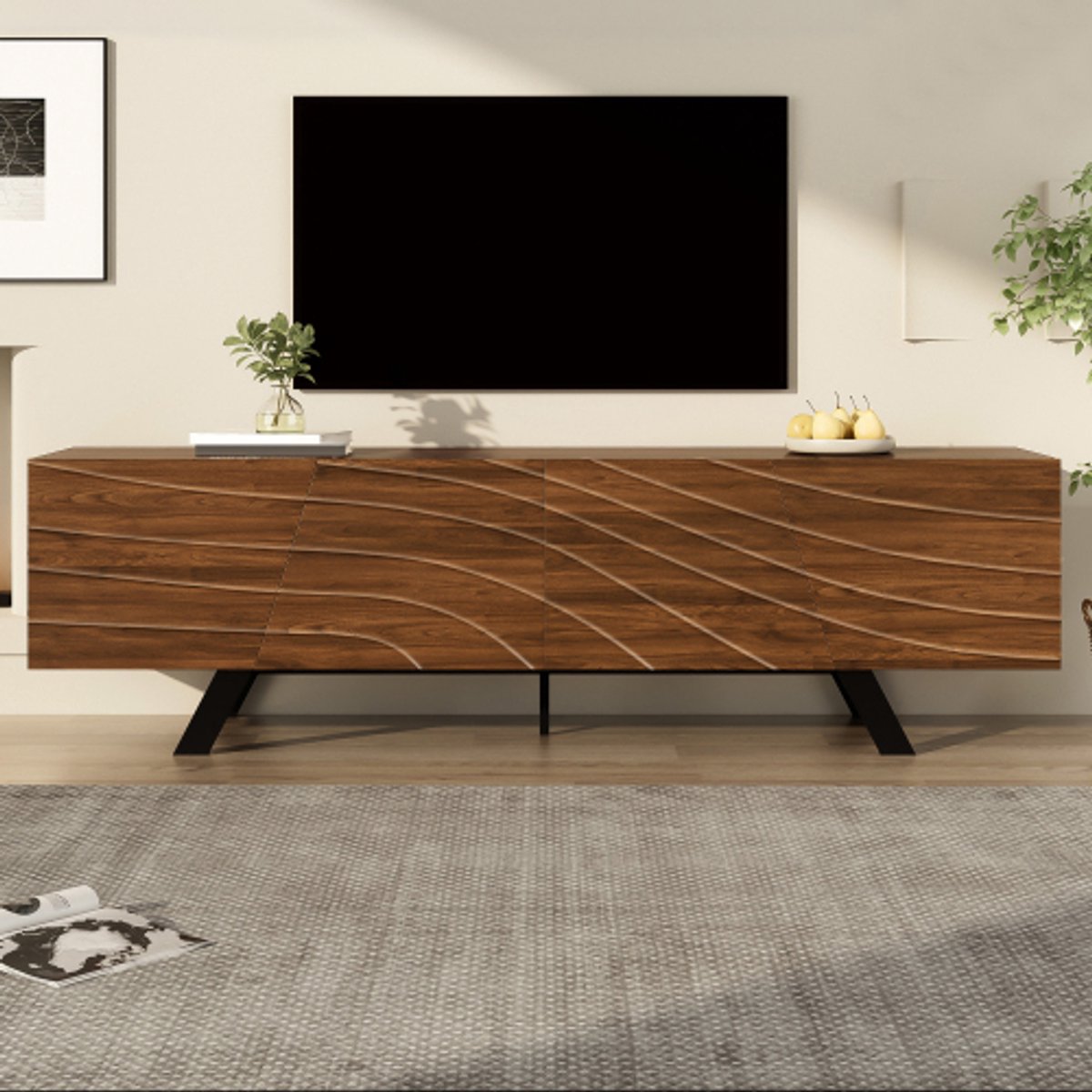 Gutent-Modern tv-meubel van 160 cm met golvend front-walnootlook en zwarte poten