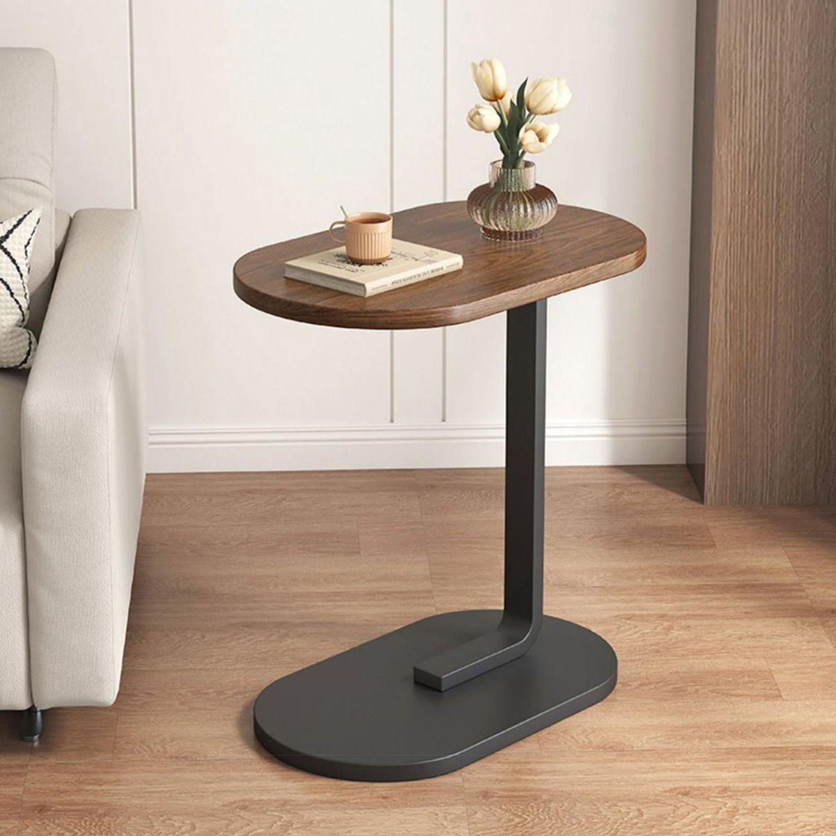 Wishdor Bijzettafel C-vorm 63×30×45 cm – Moderne houten laptop- en bedtafel – Mobiel en multifunctioneel voor bank en slaapkamer