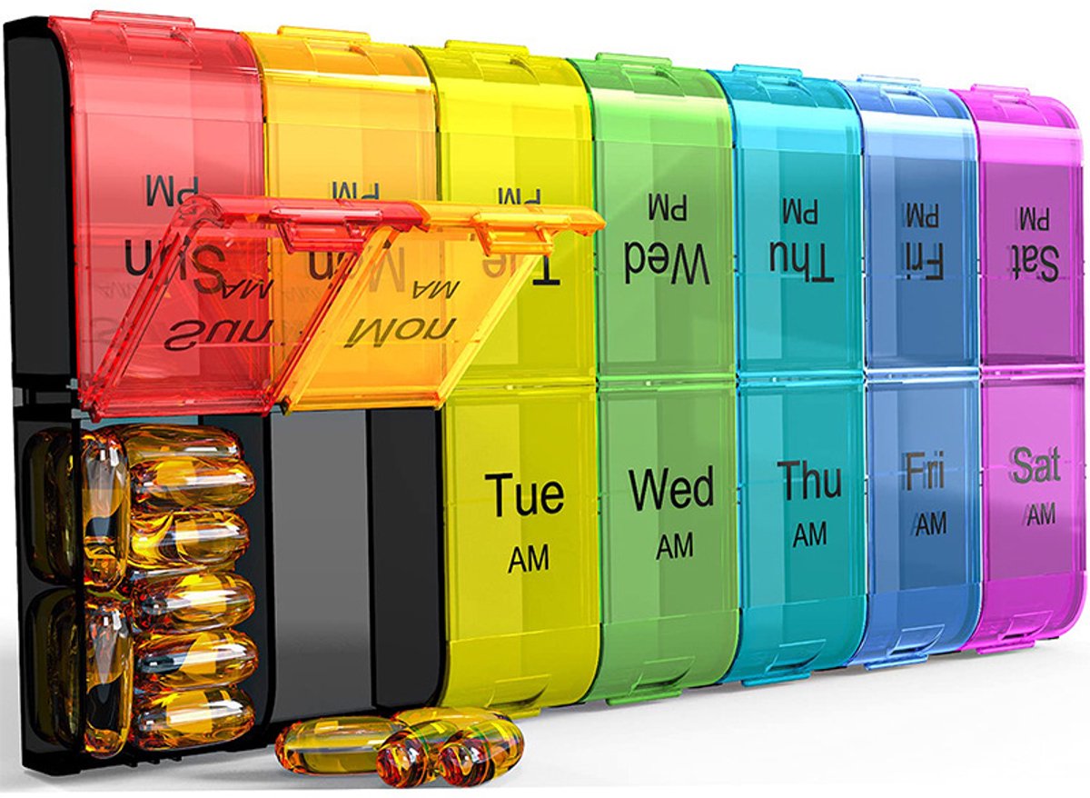 Extra grote pillendoos, voor tweemaal daags gebruik, XL pillenhouder voor 's ochtends en 's avonds, pillenhouder voor 7 dagen (tweemaal daags), extra grote pillenhouder voor dagelijks gebruik, voor vitamines, grote pillencontainer, medicijndispenser.