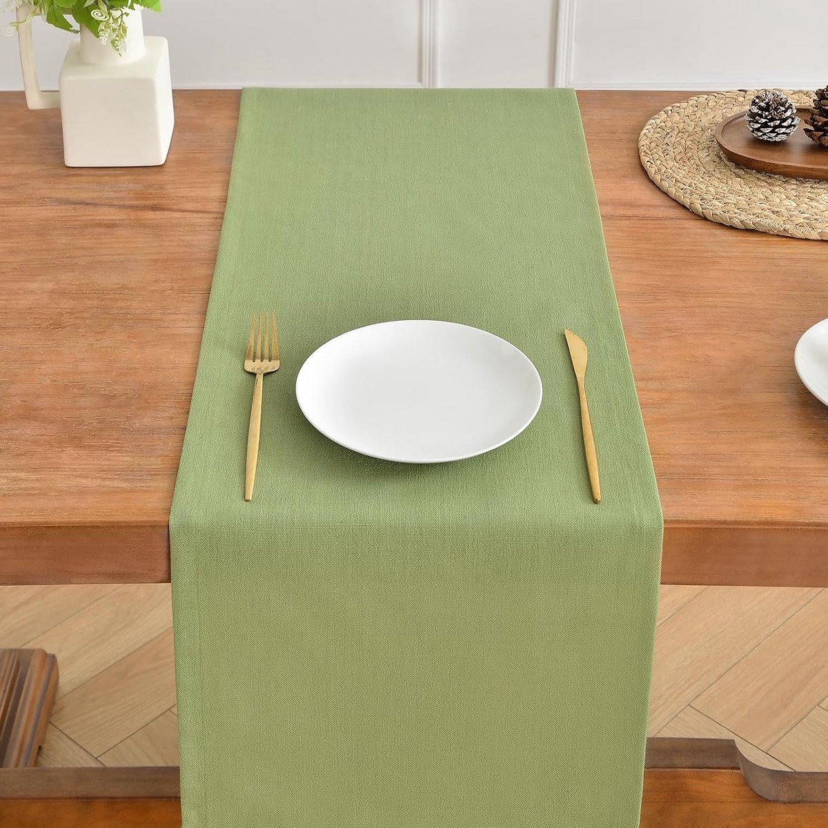 Linnenlook Tafelloper Saliegroen 90 cm Rustiek Wasbaar voor Eettafel en Feestdagen