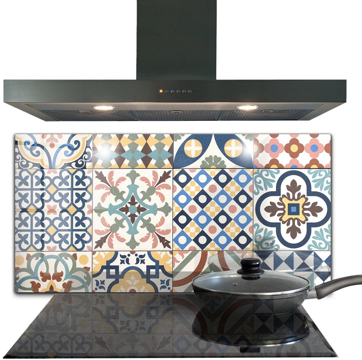 Tulup Achterwand Keuken - Portugese mozaïekornamenten Spatscherm Keuken Glas - 120 x 60 cm - Blauw Glazen Achterwand Keuken - Texturen en Patronen Moderne Keuken Achterwand - Kookplaatachterwanden - Kookplaat achterwand
