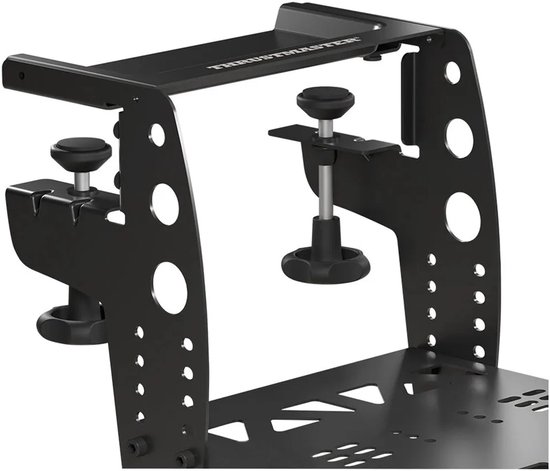 Detail van de zwarte metalen Thrustmaster Flying Clamp tafelklem met verstelbare knoppen.
