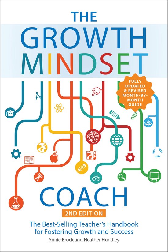 Boek 'The Growth Mindset Coach', 2e editie, met kleurrijke lijnen en educatieve iconen. De titel is groots weergegeven.