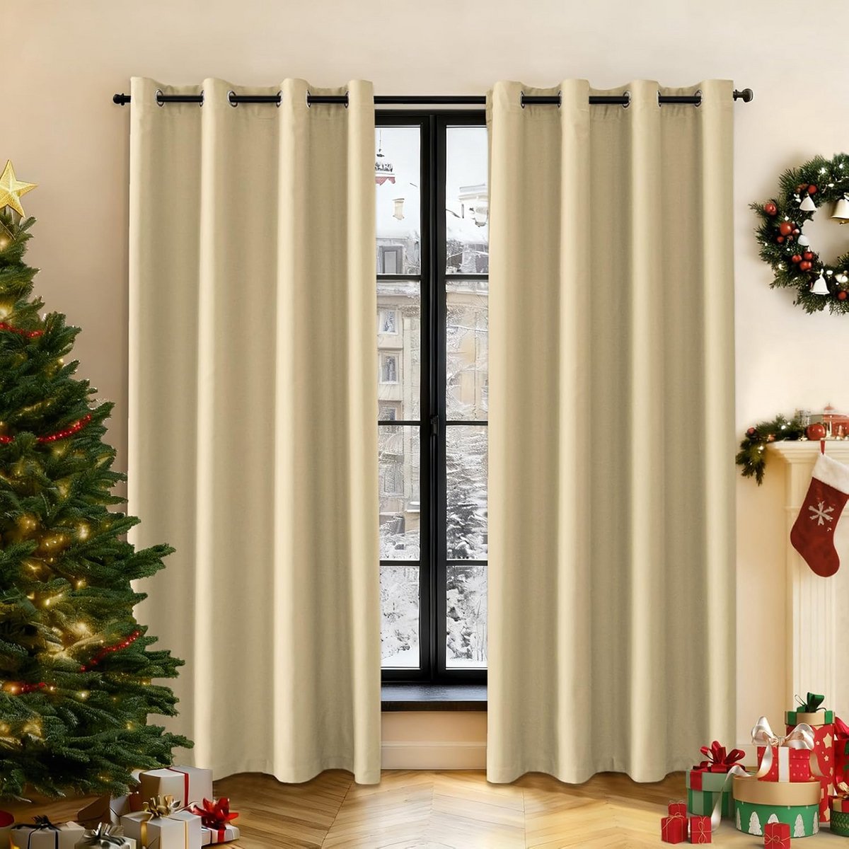 Verduisterende Gordijnen Set van 2 Inclusief Voering en Ophangringen 117x137 cm Beige
