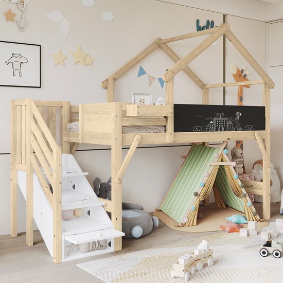OKWISH Lit superposé 90x200cm - Toit Avec Tableau Noir Graffiti - Escalier Avec 3 Tiroirs de Rangement - Pour Chambre d'Enfant - Bois - Wit+Lichtbruin - Sans matelas