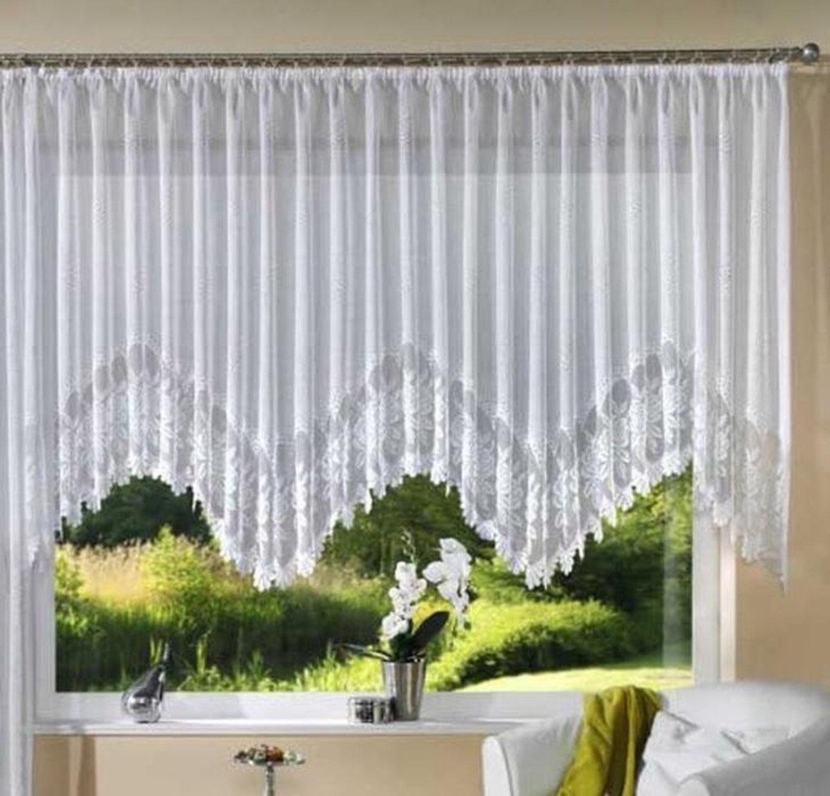Elegante Jacquard Boogvorm Gordijnen met Plooiband Wit 145x450 cm