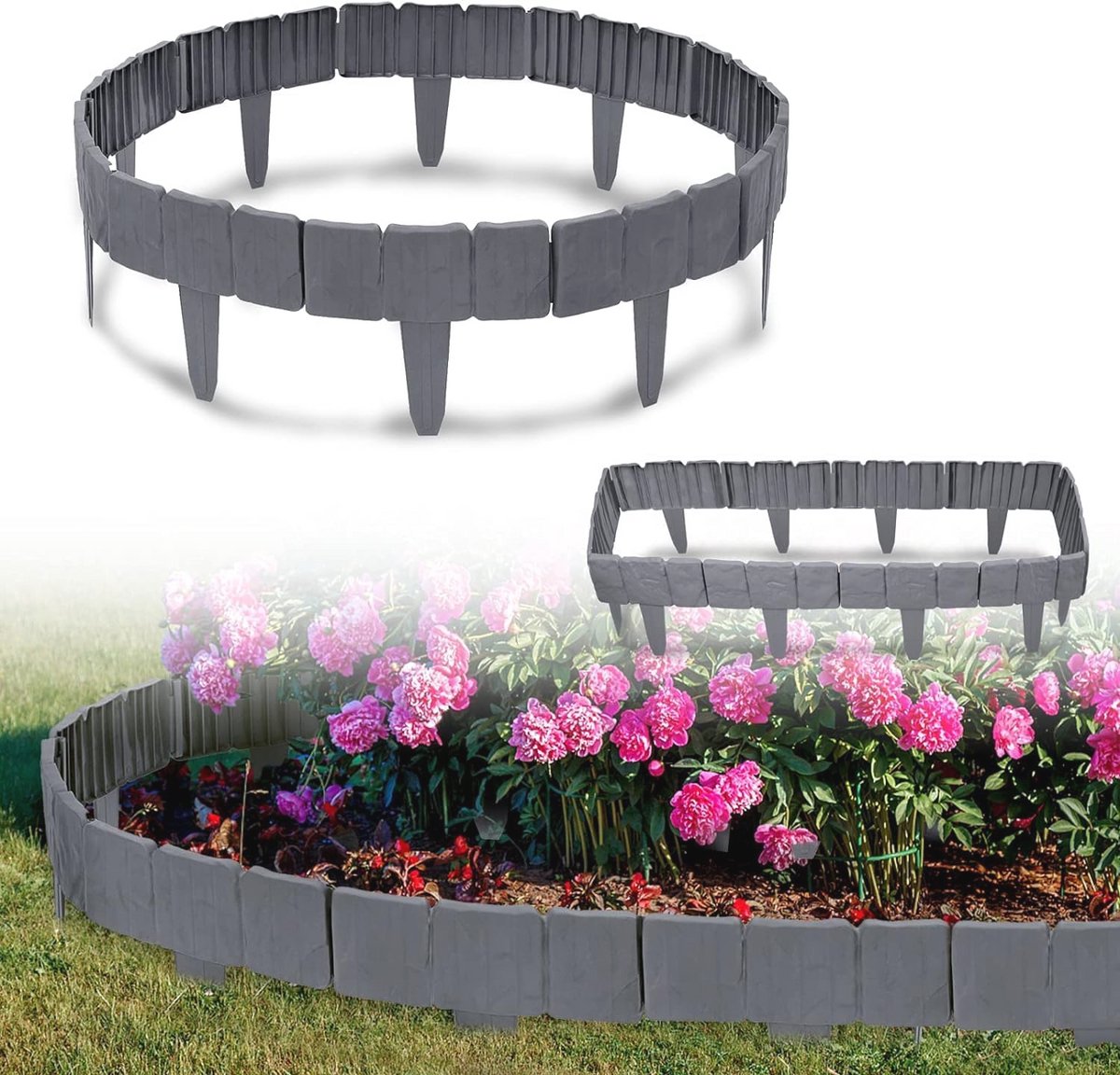 Decoratieve kunststof gazonranden met steenlook - 10 stuks - 2,5 m - 25 x 23 cm
