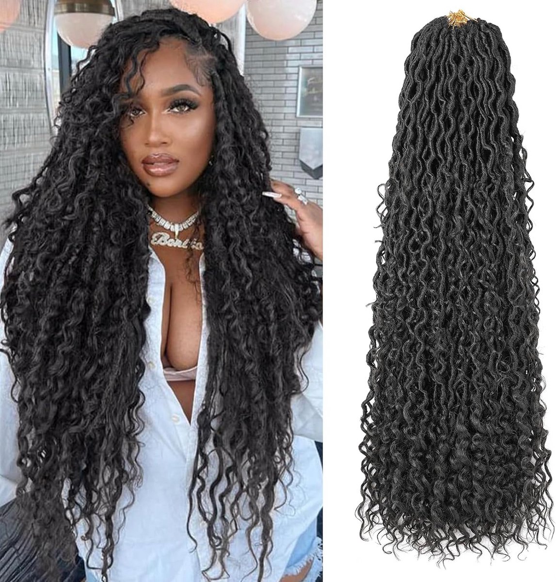 30 Inch Goddess Locs Crochet Vlechten Haar 8 Packs Boho Faux Locs Synthetisch met Krullerige Tips