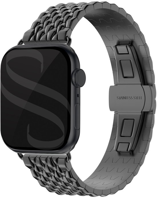 Zwart roestvrijstalen Apple Watch bandje met een gevlochten metaal design en kliksluiting.
