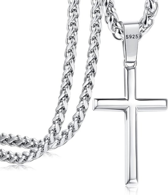 Collier unisexe en argent 925 avec pendentif croix et chaîne en acier inoxydable.