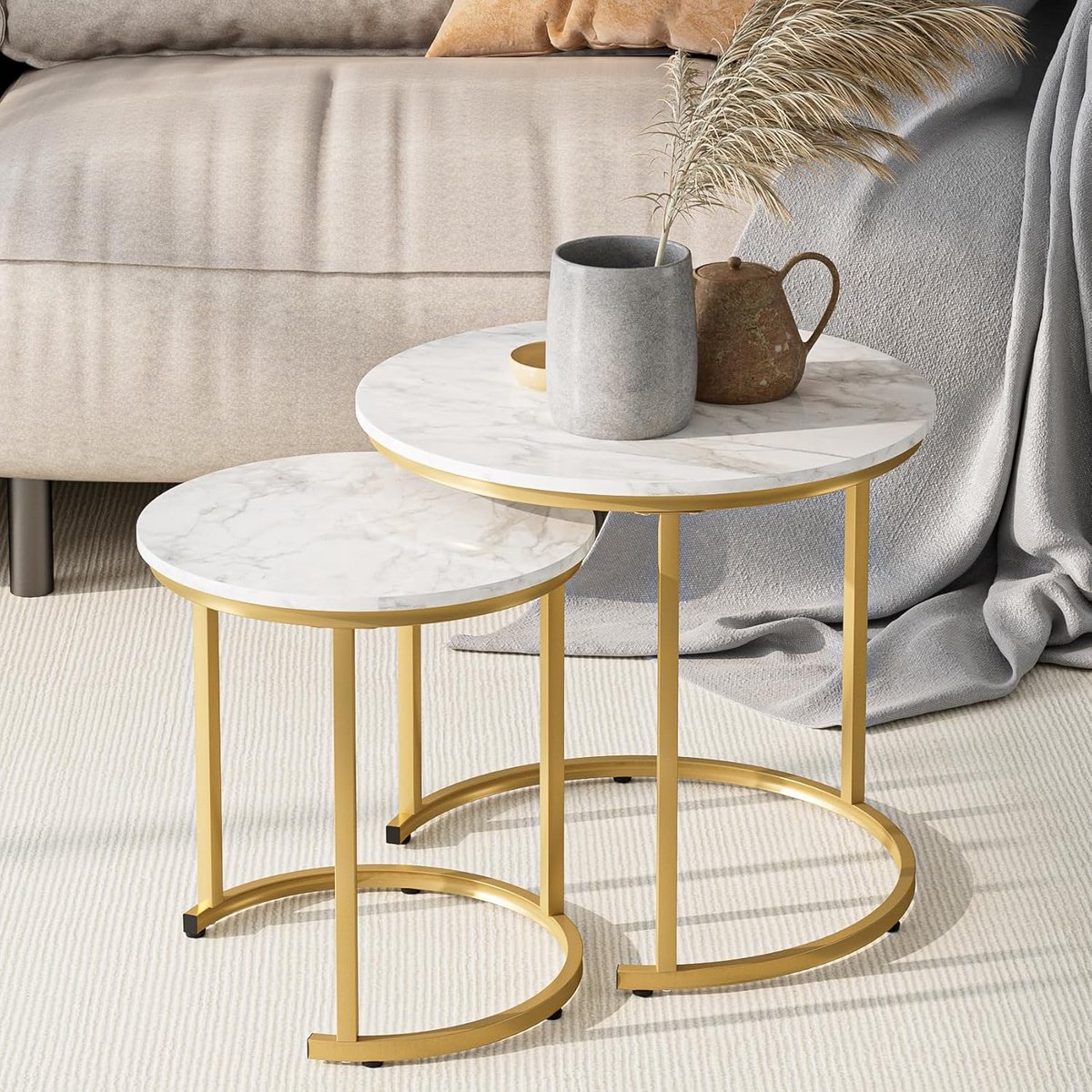 Set van 2 Ronde Salontafels Nesting Tafels Woonkamer Slaapkamer Wit Marmerlook Goud Metaal