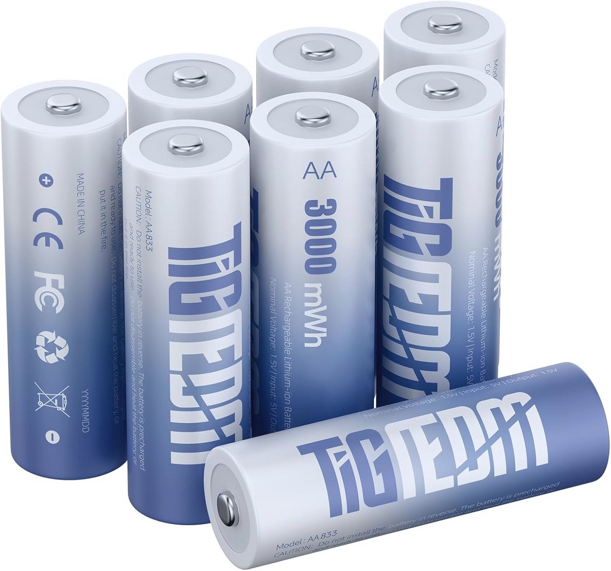 Oplaadbare 1,5 V AA lithiumbatterijen met oplader - 3000 mWh (8 stuks)