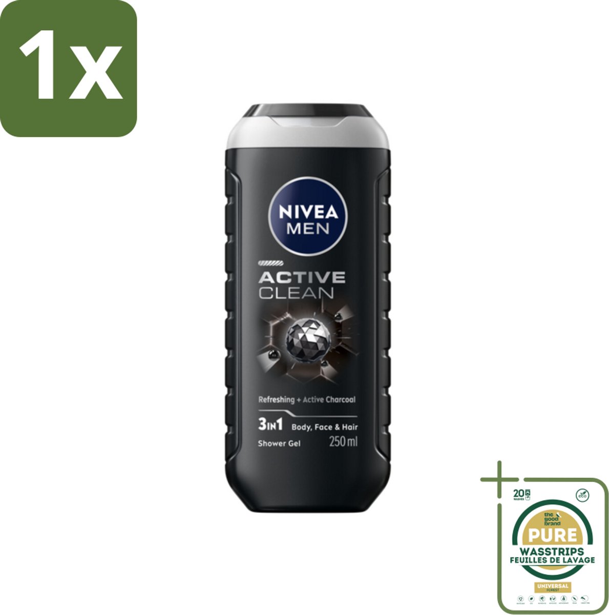 1 x NIVEA MEN - Douchegel - Active Clean - 250 ml- Douchegel Mannen - Actieve Houtskool - Reiniging Huid - Schuim Douchegel - Mannelijke Geur