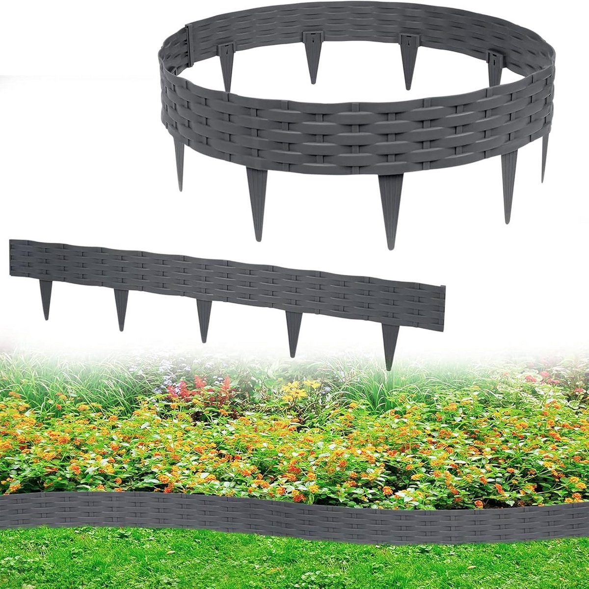 10m Gazonrand en Bloembedomranding - Tuinpalissade met 10 Flexibele Elementen - UV- en Weerbestendig - Bruin Kunststof Rotan Design