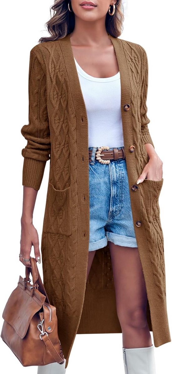 Lange gebreide cardigan voor dames met vlechtpatroon en zakken