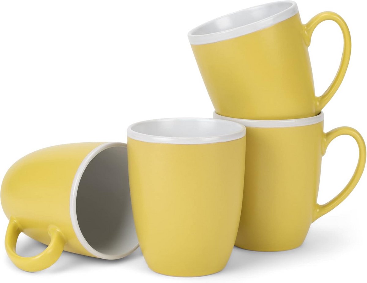 Set van 4 Matte Keramische Mokken Geel Wit - 475 ml Koffiemokken Vaatwasserbestendig