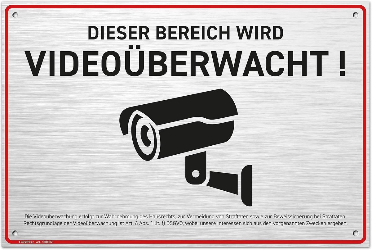 Videobewaking Bord Aluminium 30x20 cm met DSGVO Melding - Weerbestendig