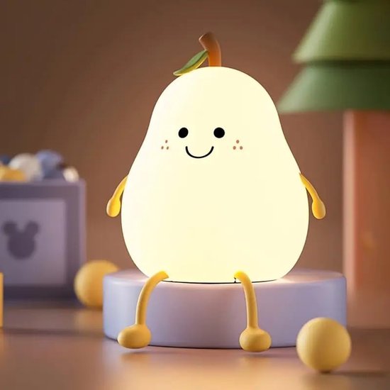 Een zacht gloeiend, peervormig nachtlampje met gezichtje, zittend op een basis.