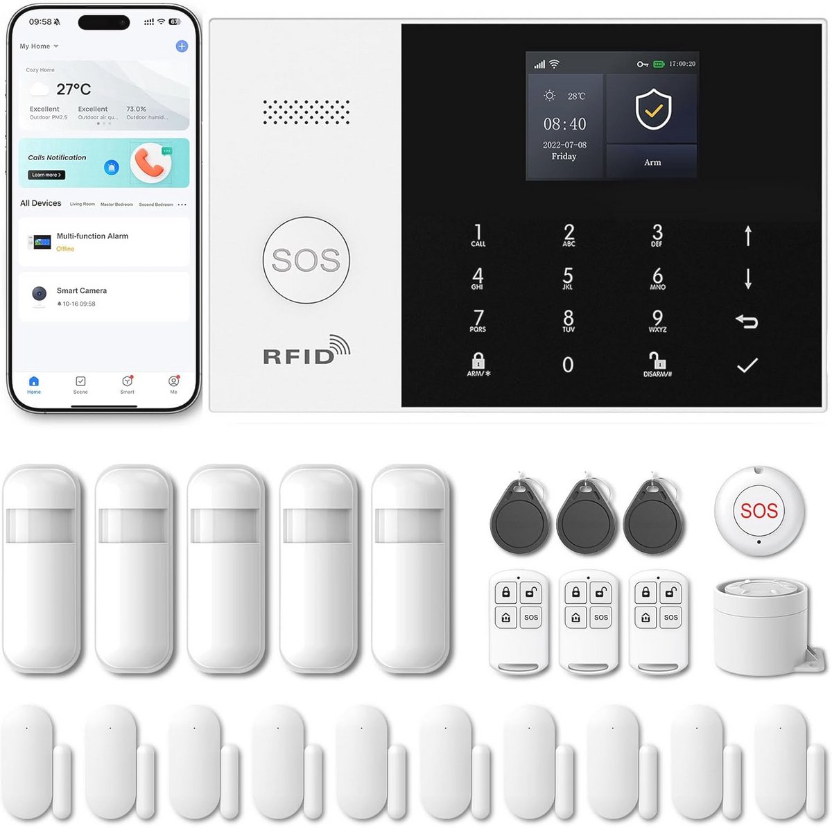 Draadloos Huisalarm met 10 Deur- en Raamsensoren, GSM WIFI inbraakalarm met Sirene, Compatibel met Alexa en Google Assistant