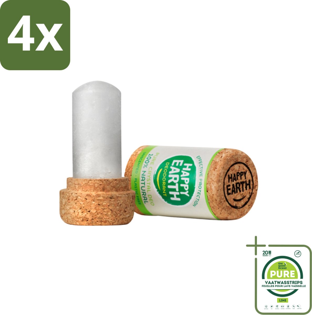 Happy Earth – Deodorant Crystal – 100% Natuurlijk Unscented – 90 g - Voordeelverpakking - 4 stuks - Geurloze deodorant - Hypoallergene deodorant