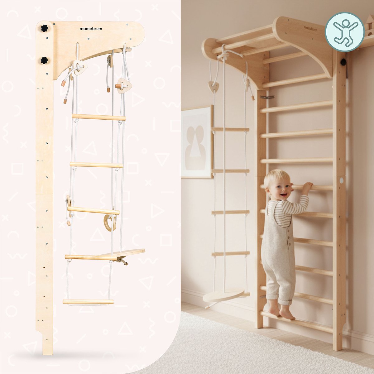 Mamabrum Montessori Houten Klimrek voor Kinderen 3+ Wandgemonteerd Gymrek met Schommel, Gymringen & Klimtouw – Indoor Motoriek Speelgoed — afbeelding 6