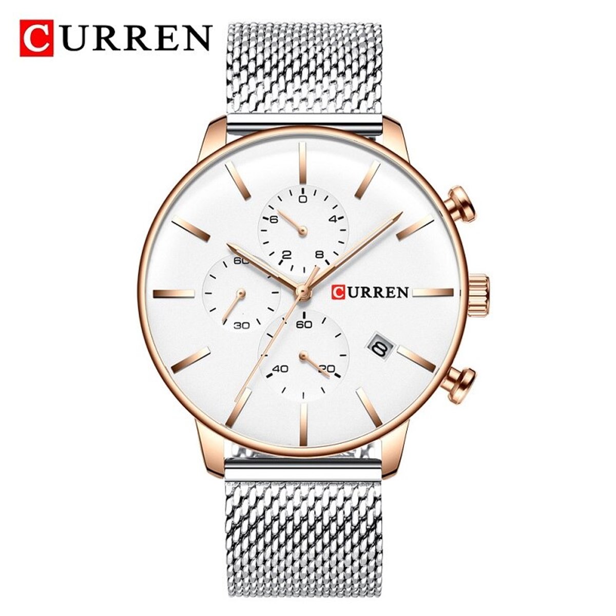 CURREN Horloge 8339 - Zilverkleurig-Roségoudkleurig-Wit - Heren - Quartz - Kalender - Mesh Band - Elegant en Zakelijk