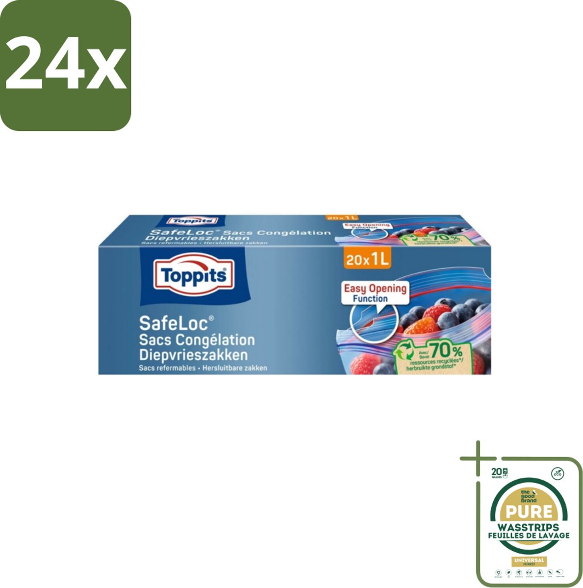 Toppits – Safeloc Diepvrieszakken – 1 Liter – 20 Zakjes - Voordeelverpakking - 24 stuks - Invriezen - Ontdooien