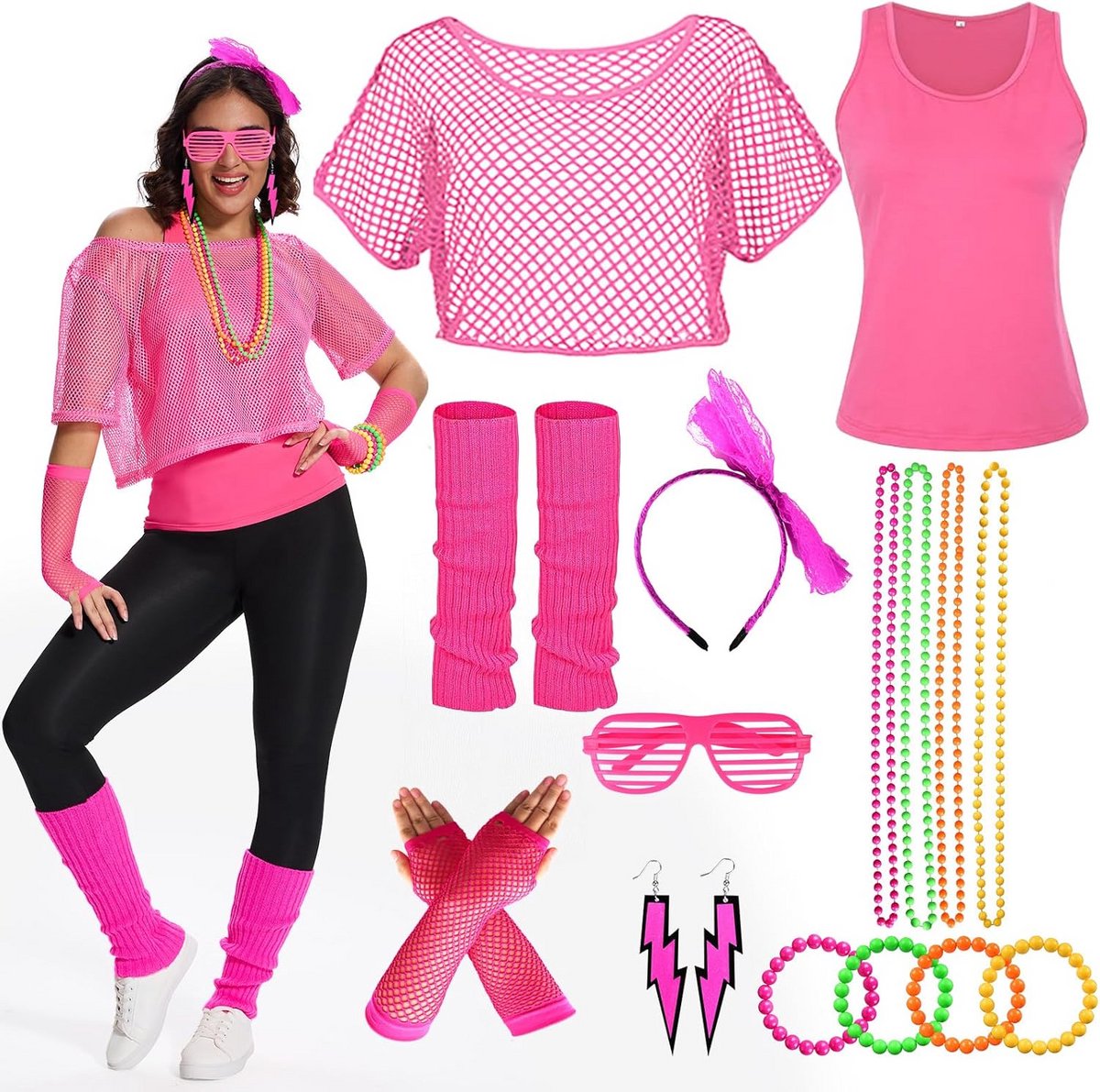 80s Outfit voor Vrouwen – Set met Netshirt, Tanktop en Feestaccessoires