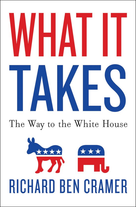 Boek "What It Takes: The Way to the White House" door Richard Ben Cramer, met rode en blauwe tekst en Amerikaanse vlag-symbolen.