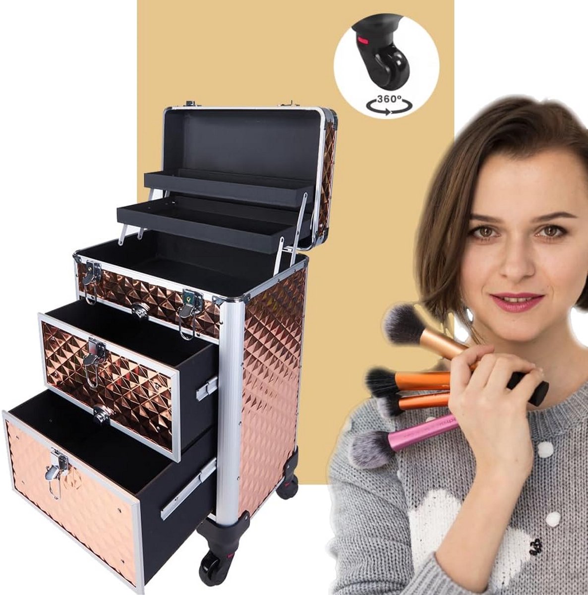 Professionele make-upkoffer met afneembare wielen en schuim beklede vakken voor schoonheidsspecialisten