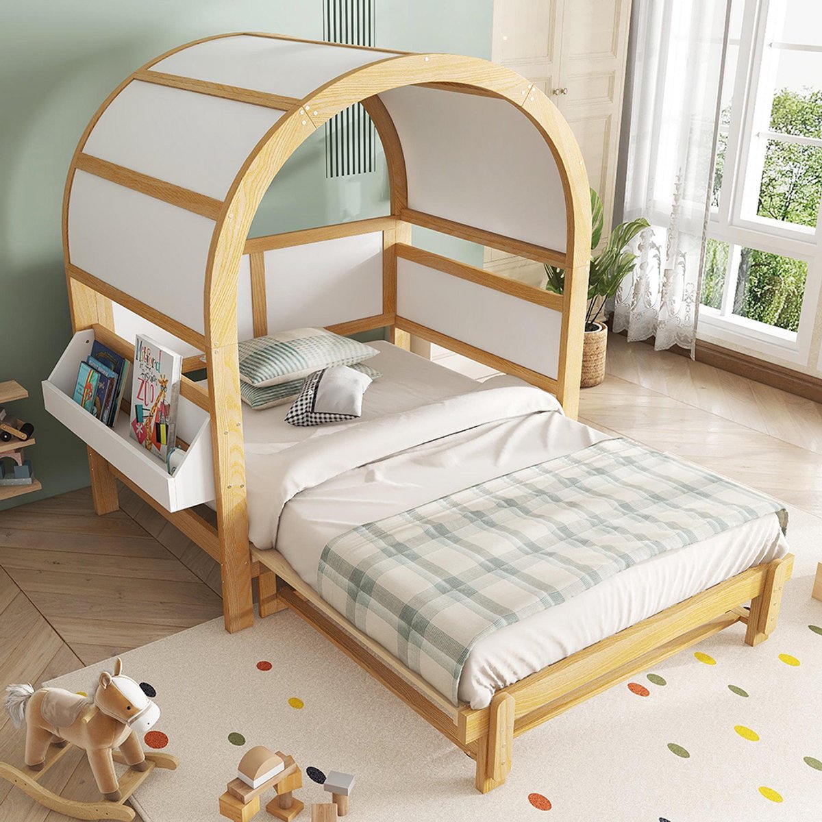 BLACKCOLORS Uitschuifbaar bankbed met gewelfd dak, uitschuifbaar bed, kinderbed, dagbed, klein zijtafeltje, grenen + MDF, wit + naturel, 140 x 200 cm