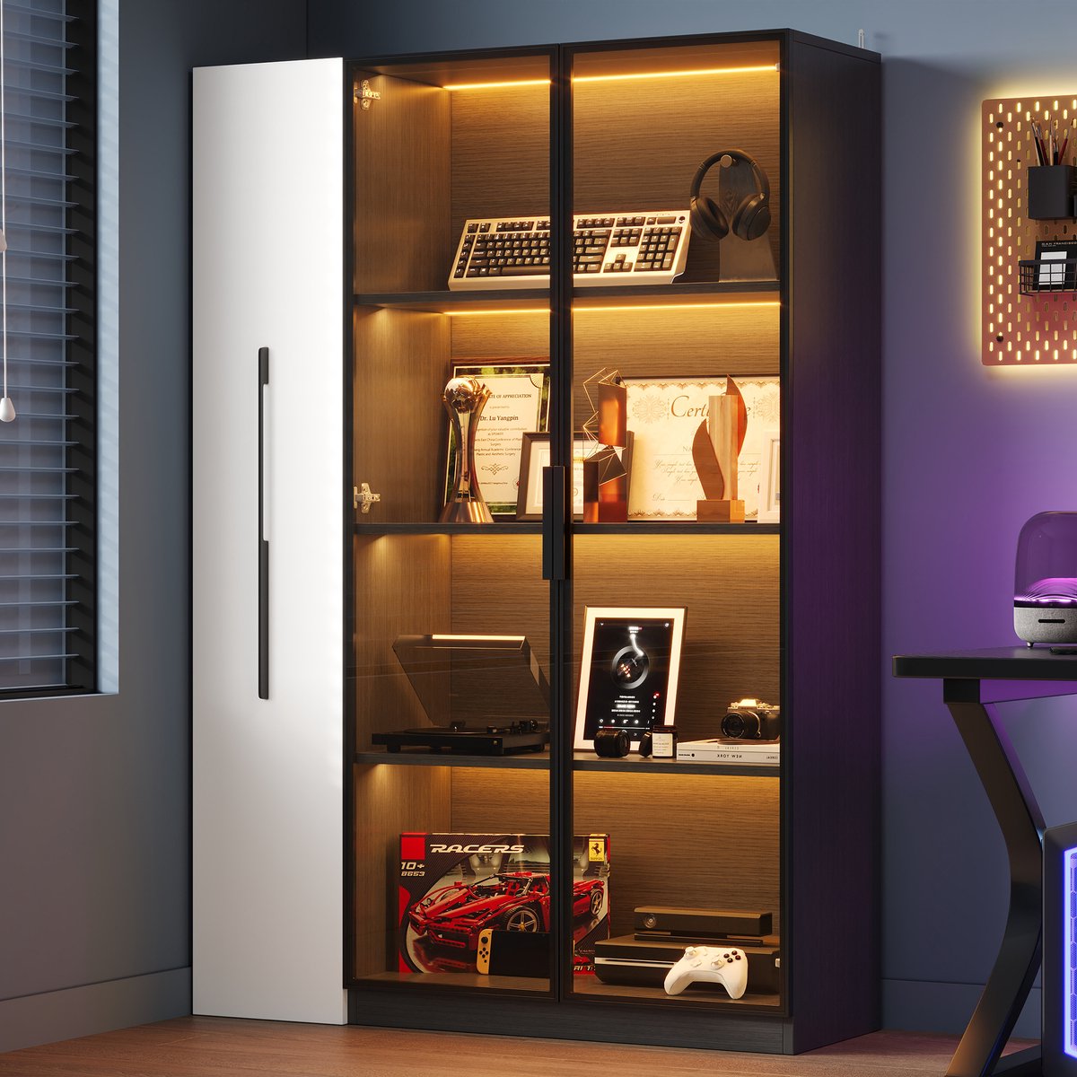 STILVORA Vitrinekast - Moderne Glasvitrine met LED en Zijlade - Vitrine en Opbergkast voor Woonkamer en Eetkamer - MDF+Glas - 110,5x35x160 cm - Zwart