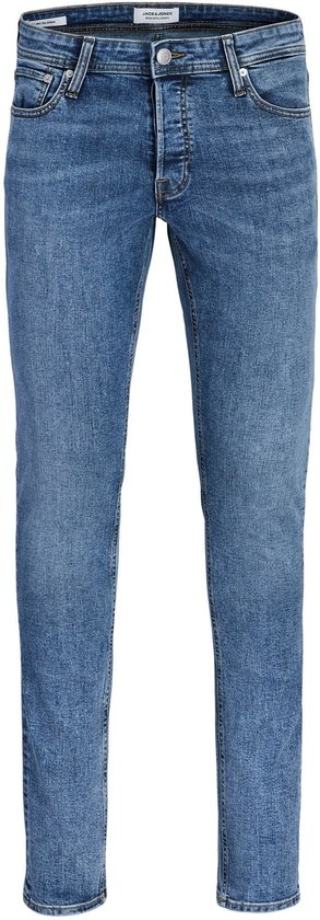 Blauwe spijkerbroek met knoopsluiting en vijf zakken.
