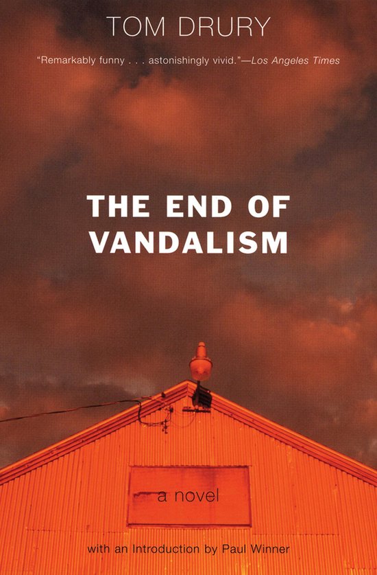 Boekomslag van The End of Vandalism met een oranje golfplaten dak onder een donkere, dramatische lucht.