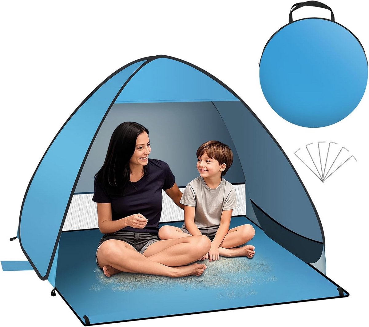 Pop-up Strandtent met UV Bescherming 50+, Automatische Tent voor 2-3 Personen, Zonnebescherming en Windbescherming voor Strand en Camping