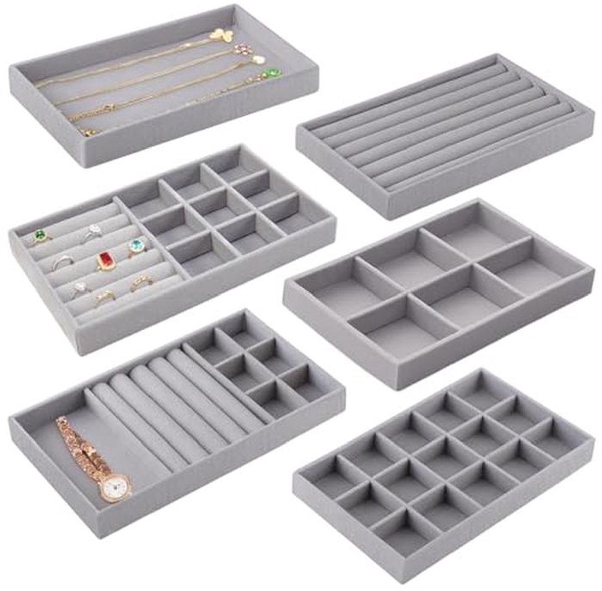6-Delig Sieradenbakje - Fluwelen Lade-organizer voor Oorbellen, Ringen, Armbanden, Kettingen en Broches