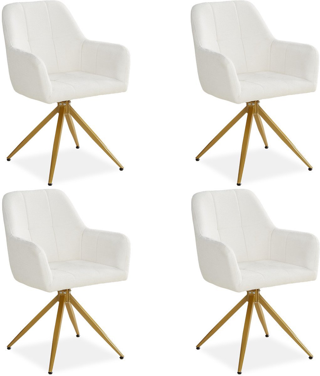 Homestyle4u Eetkamerstoelen - Set van 4 - Draaibaar - met armleuningen - Beige en Gouden - Bouclé