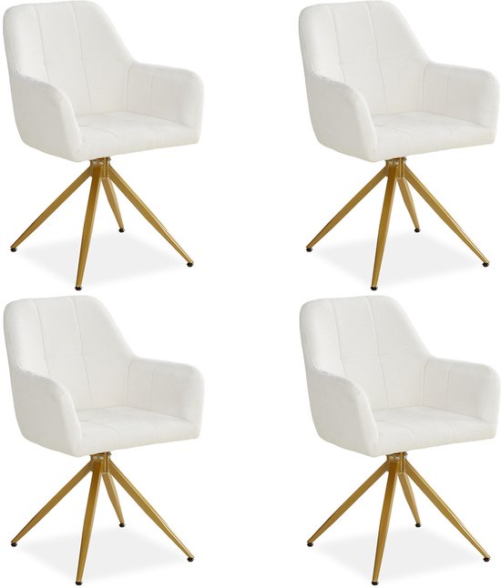 Chaises de salle à manger en lin Homestyle4u - Chaises de 4 - avec accoudoirs - pivotantes - Bouclé beige et or