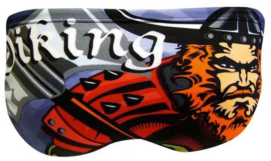 Maillot de bain noir et orange avec imprimé Viking. Texte 'Viking' en lettres blanches.